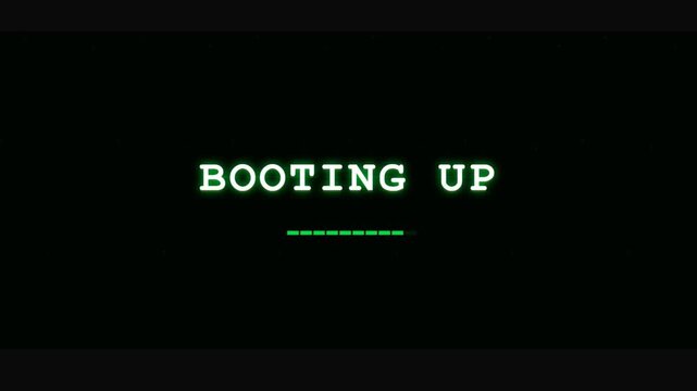 Digital system initiation sequence displayed on a dark screen with vibrant green text, symbolizing a technological startup, data processing, and program loading