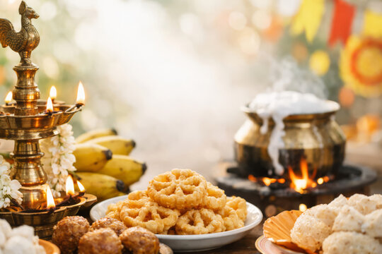 Aluth Avurudu festive table setting featuring ritual milk boiling and local desserts for Sri Lankan New Year.