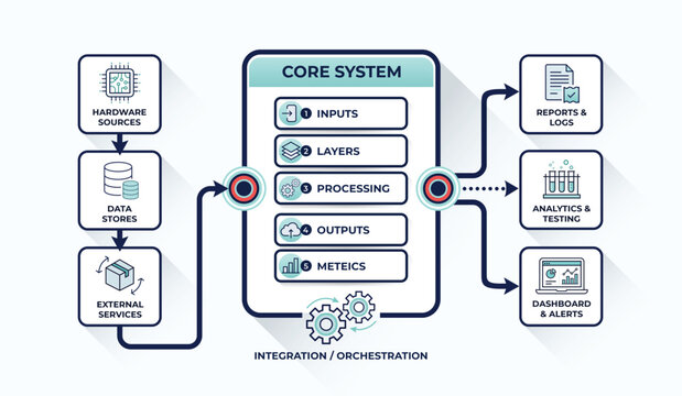 Core system architecture with hardware sources, data stores, external services, inputs, layers, processing, outputs, and metrics