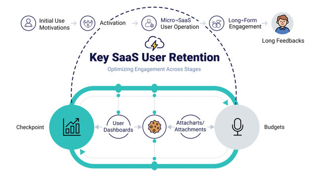 Key saas user retention flowchart showing engagement stages with infographic icons and progress path
