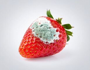 과일-딸기-곰팡이-곰팡이 핀 딸기-썩은 딸기-상한 딸기-딸기 꼭지-과일 변질-단 하나-흰색 배경