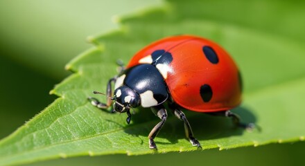 Fototapeta premium Vibrant ladybug resting on a green leaf in sunlight with copy space