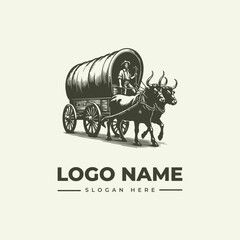Fototapeta premium A vintage-style woodcut illustration of a man driving an ox-drawn wagon with a large barrel, featuring a logo template with a placeholder name and slogan on a cream background.