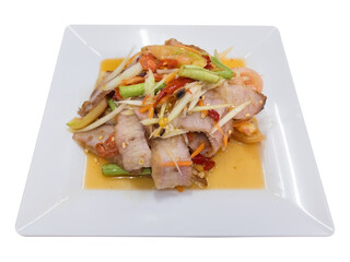 Traditional Thai papaya salad (Som Tam) served with grilled pork neck, featuring spicy and tangy flavors, isolated on transparent background, PNG format, suitable for menu design and food advertising.