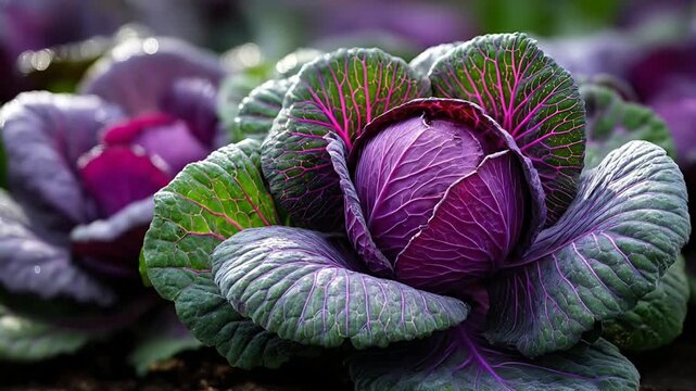 Vibrant purple cabbage head surrounded by green leaves in a lush garden, captured in a close-up, overhead view