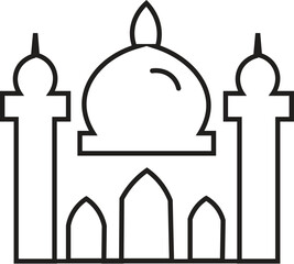 Obraz premium Minimal outline mosque icon with dome and twin minarets, clean islamic architecture symbol for ramadan, eid templates, posters and religious graphic design