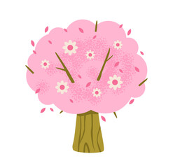 Blossom tree with pink flowers and petals. Whimsical sakura style perfect for seasonal backgrounds, nursery decor, and nature concepts.