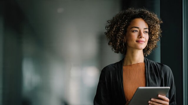 Confident woman with tablet looking away