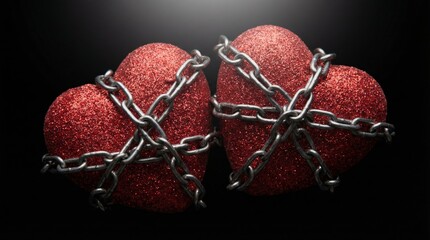 Bound hearts in chains dark background heart symbolism artistic macro photography abstract concept of love and struggle