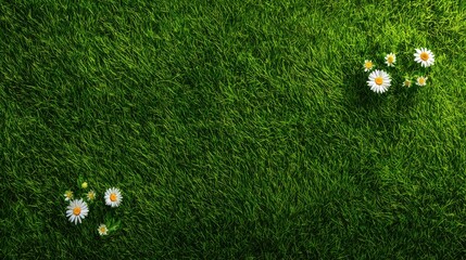 Naklejka premium Green grass texture with a few white daisies, top view, football/picnic background