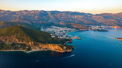 Budva Riviera at Sunset, Montenegro Coastline Aerial View