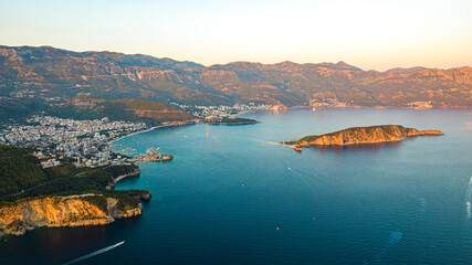 Budva Riviera at Sunset, Montenegro Coastline Aerial View