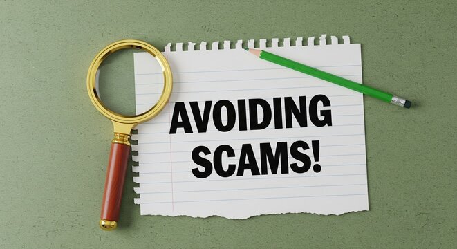 Fraud Prevention Still Life: \"AVOIDING SCAMS!\" Text on Green Desktop
