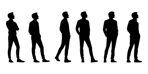 Set of male silhouettes in various poses and with different body types standing on transparent background. collection of men as vector illustration