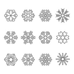 Collection of twelve unique snowflake outline icons, featuring diverse intricate patterns and designs, perfect for winter and holiday themes on transparent background