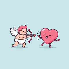 Obraz premium Adorable cartoon Cupid character aims his bow and arrow at a joyful, walking heart, symbolizing the playful and unexpected nature of falling in love and romance