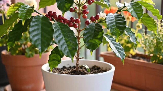 A small coffee plant with red berries and flowers in a white pot