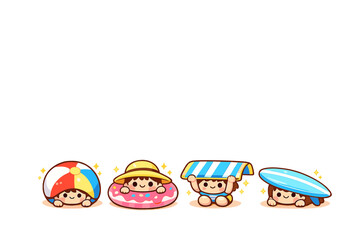 Summer Fun Icons Set: Beach, Sun, Pool, Inflatable, Relaxation, Vacation, Shade, Swim, Children, Leisure, Sand, Water, Fun, Sunhat, Accessory, Float, Warmth, Enjoyment, Play,