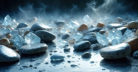 Wet stones, crystals scattered. Dark background creates dramatic lighting. Cool tones dominate composition, evoking mystery.