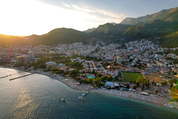 Budva Riviera at Sunset, Montenegro Coastline Aerial View