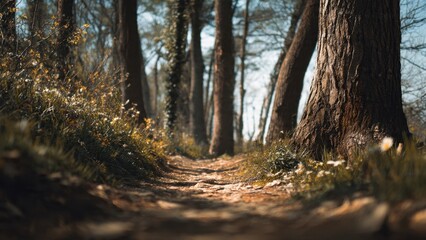 Fototapeta premium Forest path with sunlit trees