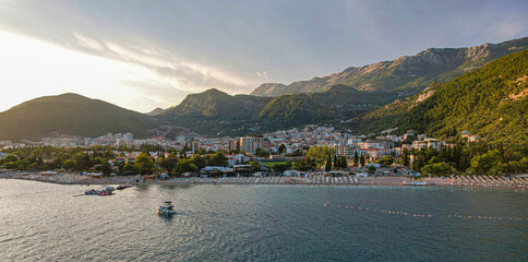 Budva Riviera at Sunset, Montenegro Coastline Aerial View