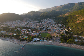 Budva Riviera at Sunset, Montenegro Coastline Aerial View