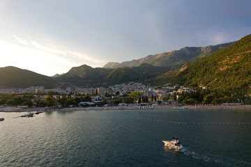 Budva Riviera at Sunset, Montenegro Coastline Aerial View
