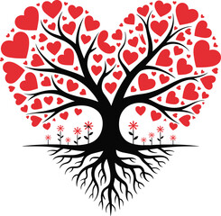 Obraz premium Heart tree illustration, love nature design, romantic growth, red hearts foliage, symbolic connection, decorative roots branches, eco concept, artistic love graphic