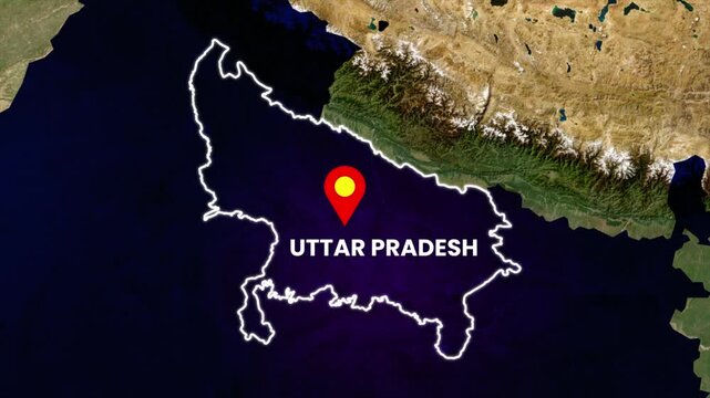 Uttar Pradesh map highlighted on India map. State location marker and geographic focus animation