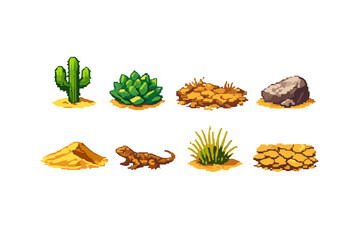 Desert and Nature Icons Set: Cactus, Succulent, Rock, Sand, Lizard, Grass, Soil, Terrain