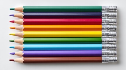 Fototapeta premium Set of colorful pencils arranged in row, isolated on white background, school supplies concept 