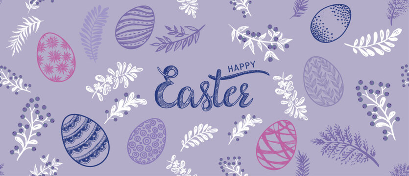 Seamless easter eggs pattern on violet