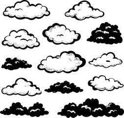 Fototapeta premium A collection of various clouds in different shapes and shades of gray and black Vector