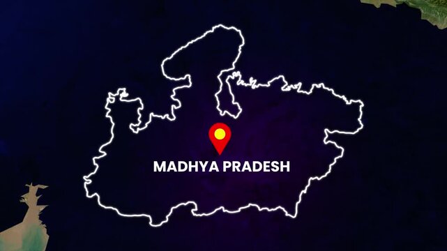 madhya pradesh map animation, india state highlight, location pin marker, geographic boundary, regional territory, cartography video, travel locator