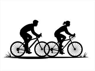 Fototapeta premium Silhouette of man and woman cycling side by side, grass beneath, forward‑leaning