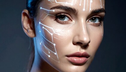 Woman's face with glowing circuit patterns projected, set against a dark background