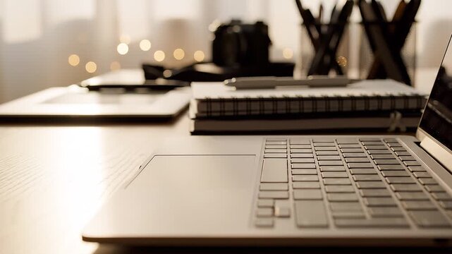 Modern laptop keyboard on wooden desk, creating a warm home office. Blurred background of creative tools and soft lighting for remote work and study