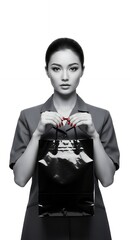 Elegant Woman with Black Shopping Bag in Monochromatic Portrait.