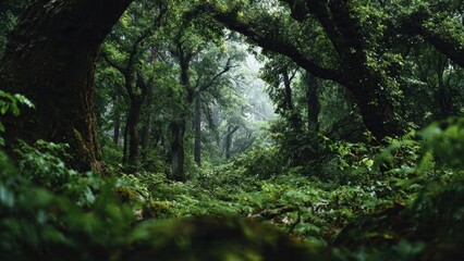 Obraz premium Lush green forest landscape with dense foliage