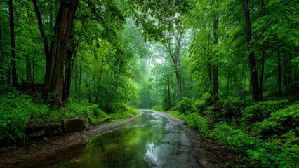 Obraz premium Lush Green Forest Road After Rain