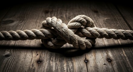Obraz premium Rope Knot on Wooden Surface Closeup.