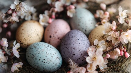 Obraz premium Speckled Easter eggs arranged in nest with delicate spring blossoms. Concept of new life and joyful celebration. Easter holiday.