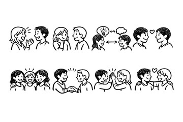 Communication and relationship icon set. Containing dialogue, interaction, connection, empathy, friendship, partnership, and more.