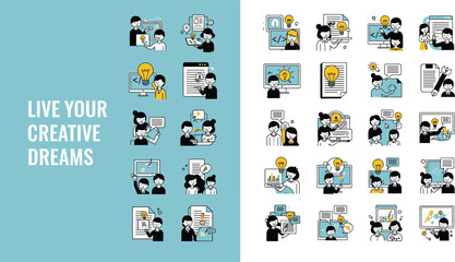 WMega collection of flat line business icons featuring creative teamwork brainstorming sessions and professional collaboration for moddesign projects and educational marketing presentations