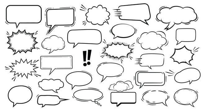 Collection of various black and white comic book speech bubbles and message shapes for design