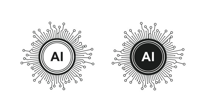 Two distinct artificial intelligence icons featuring circuit board designs illustrate digital processing concepts clearly