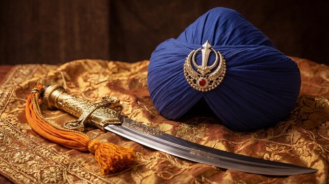 Sikh turban (dastar) with Khanda emblem and ceremonial sword (kirpan) on royal brocade fabric