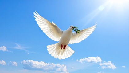 Fototapeta premium White dove with olive branch, glowing sunlight, blue sky background, peace and harmony symbol