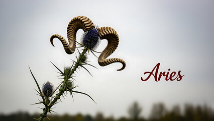 Obraz premium Aries zodiac symbol on thistle plant isolated on a transparent background
